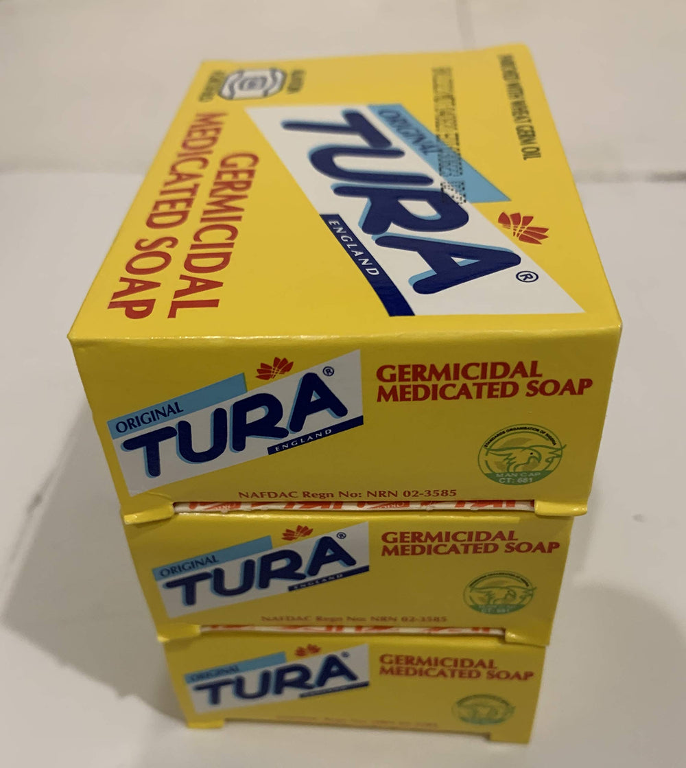 Tura germicidal medicated soap display with three bars for everyday use