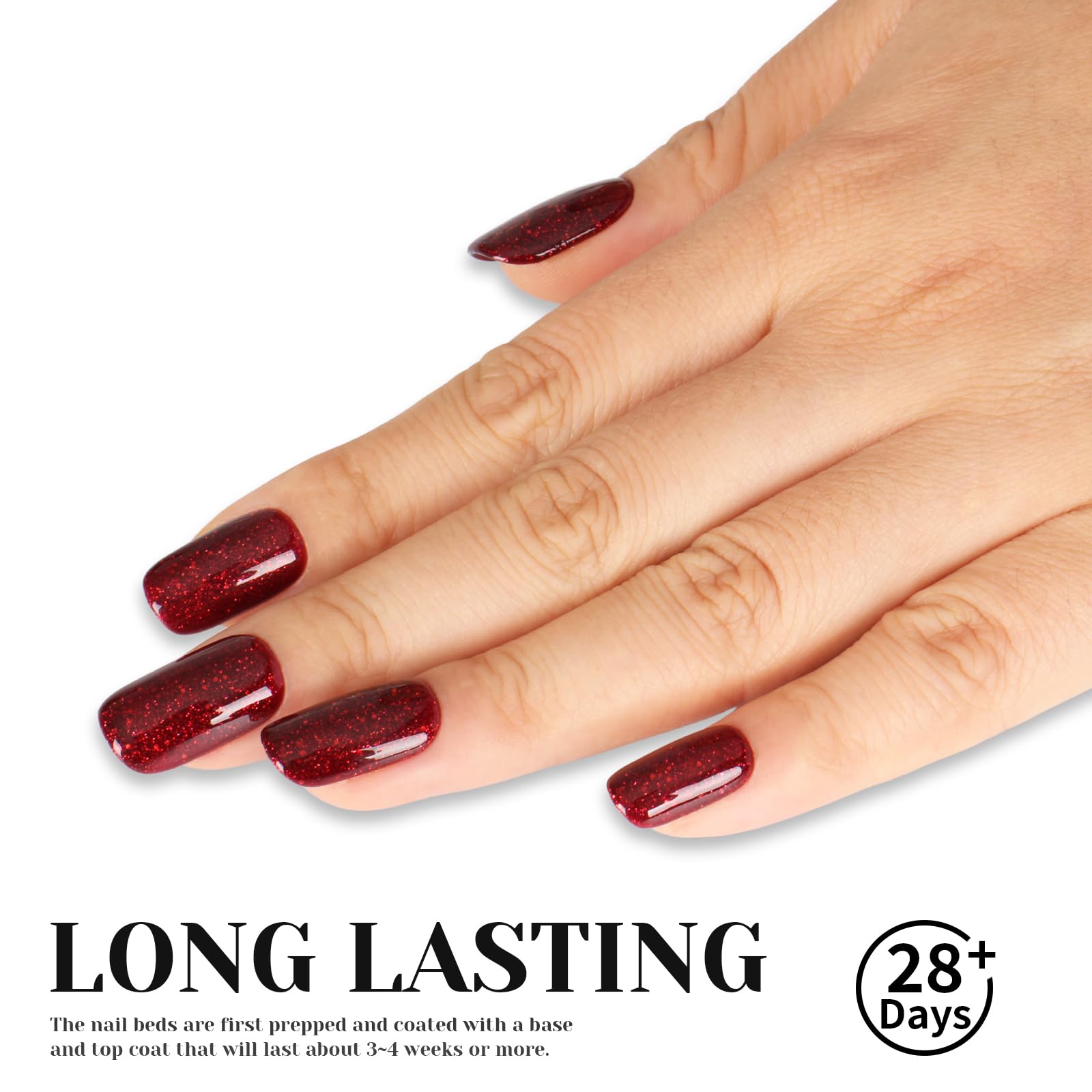 TUTUYU gel polish swatches show rich red sparkle.