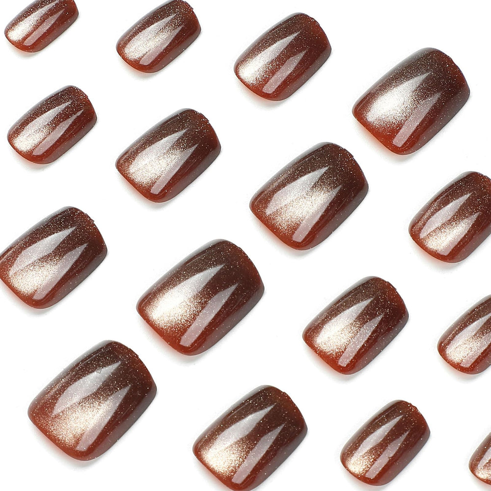TUZANDW glossy brown cat eye nails in full cover look on nails.