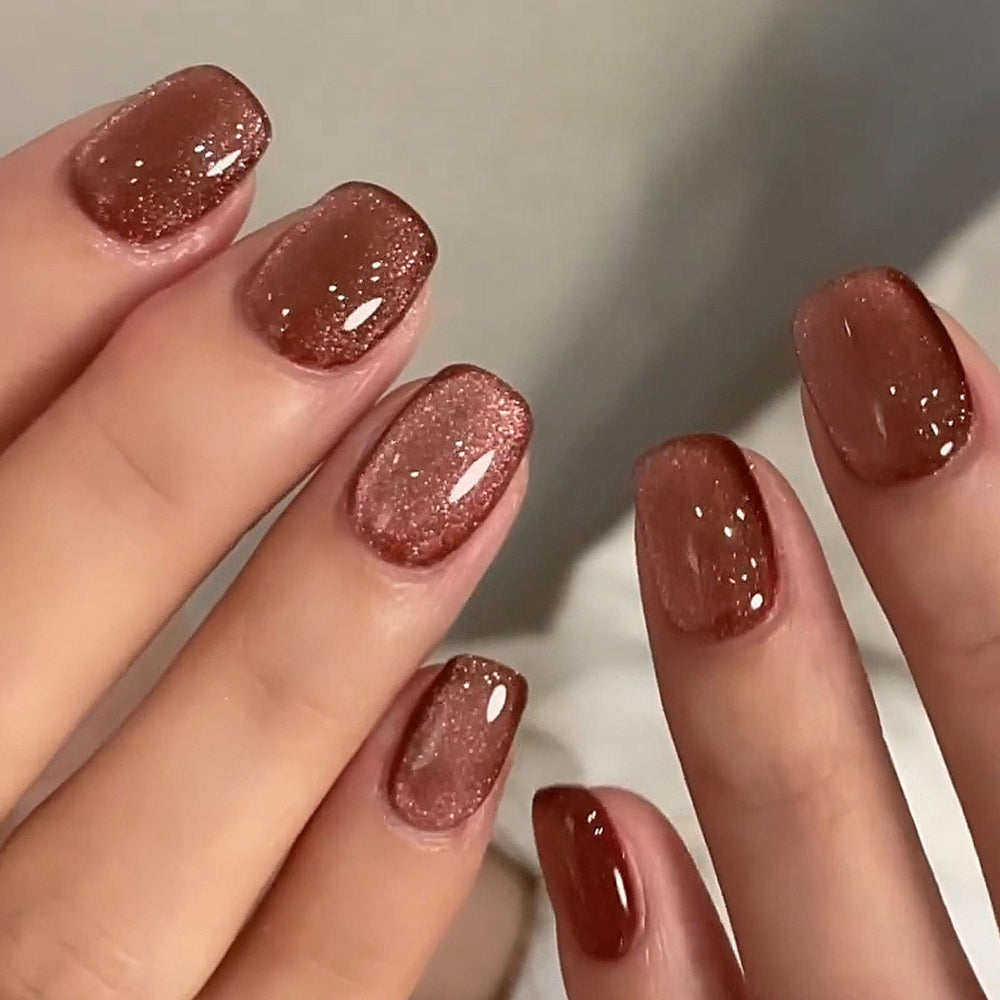 TUZANDW short press on nails with square cat eye brown design for at-home manicure.