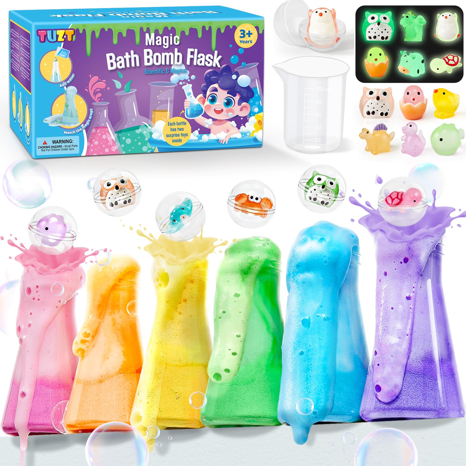 TUZT Kids Bath Bombs Science Kit packaging with six colorful bottles ready for bath time