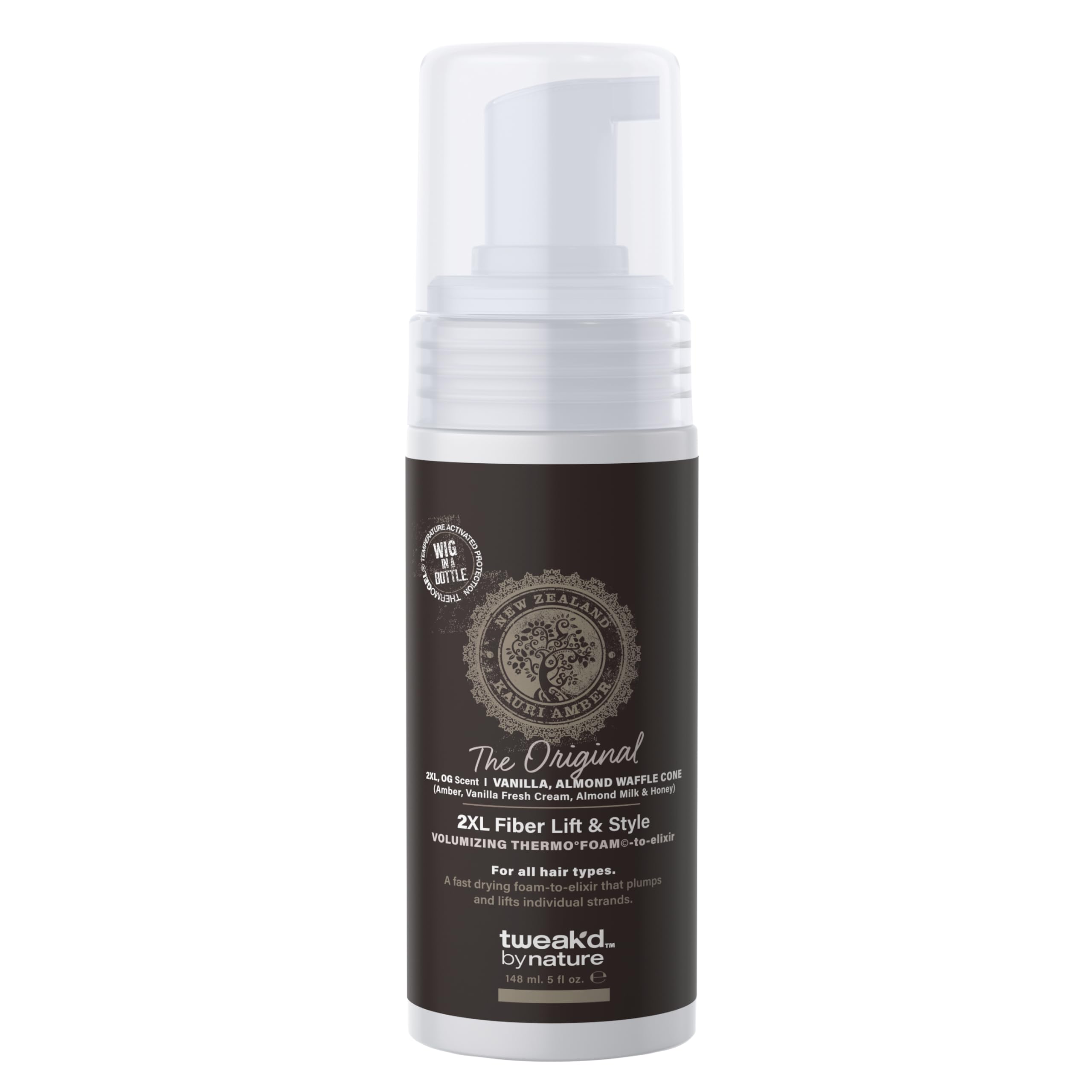 Tweak'd by Nature 2XL Fiber Lift bottle pour showing instant root lift for easy styling.