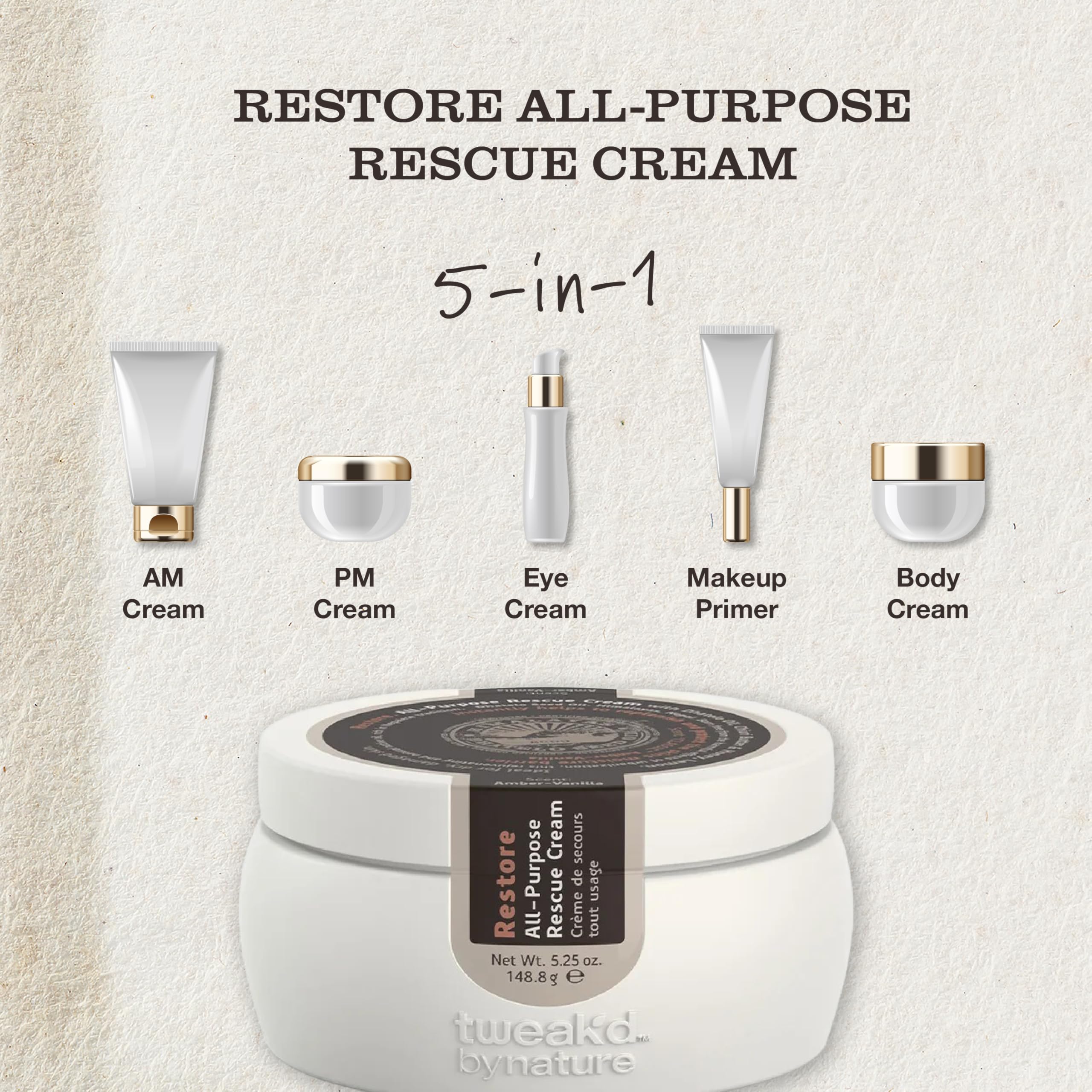 Tweak'd by Nature Restore texture swirl highlighting creamy absorption for all skin types.
