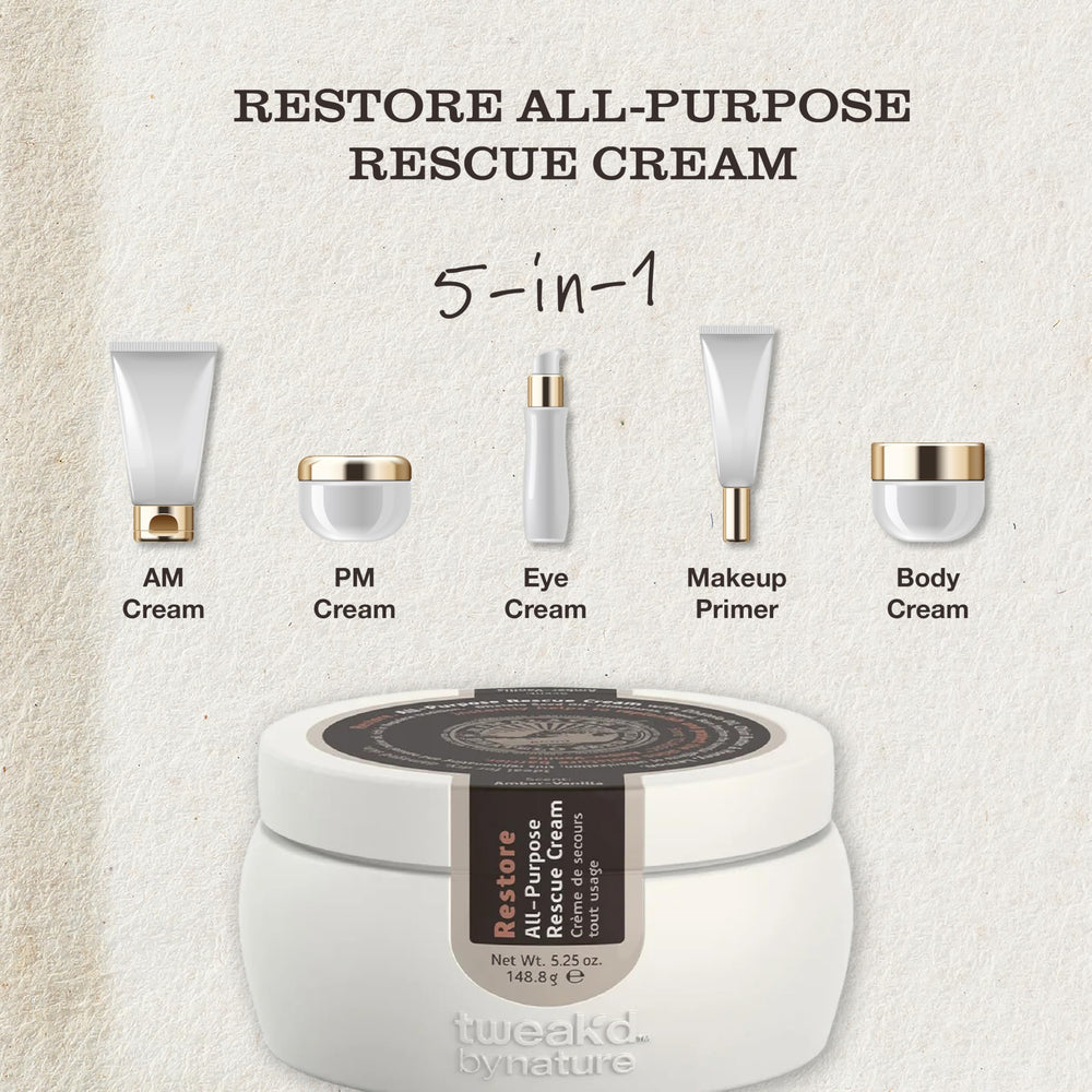 Tweak'd by Nature Restore texture swirl highlighting creamy absorption for all skin types.