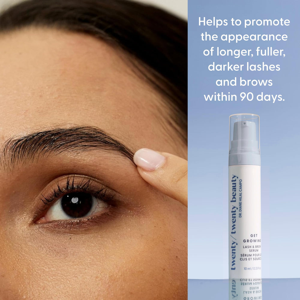 Twenty Twenty Beauty Get Growing lash-brow serum before-after illustrates fuller lashes and brows