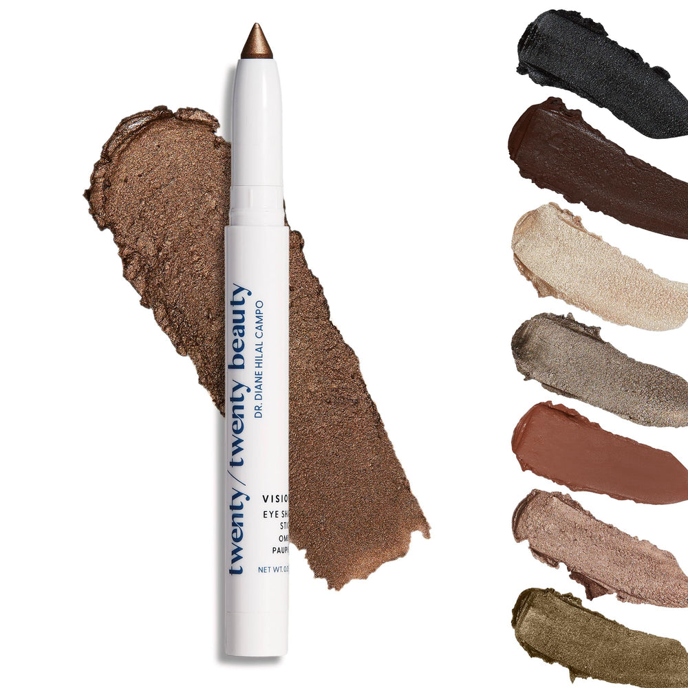 Twenty/Twenty Beauty Visionary Eye Shadow Stick close-up showing cocoa bronze shimmer for daily glow.