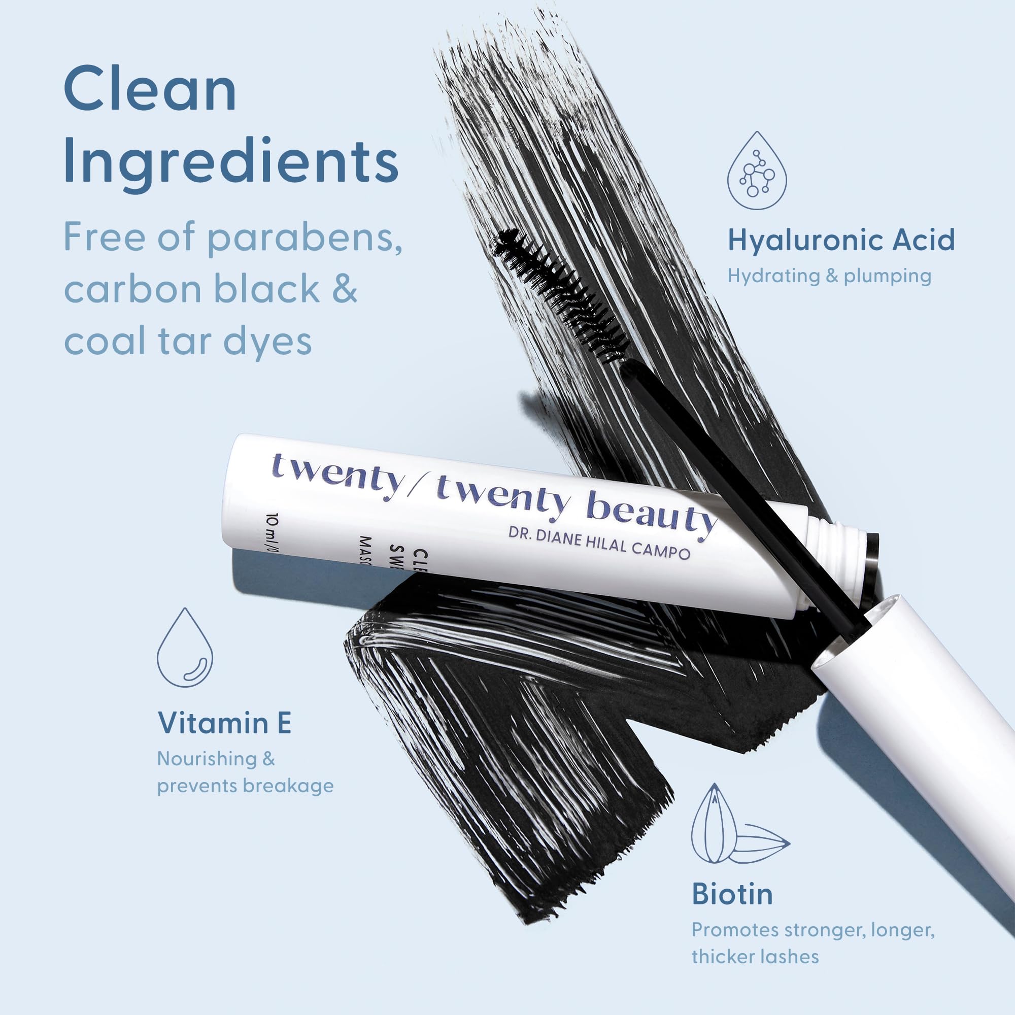 Twenty/Twenty Clean Sweep Mascara on lashes for noticeable length and lift.