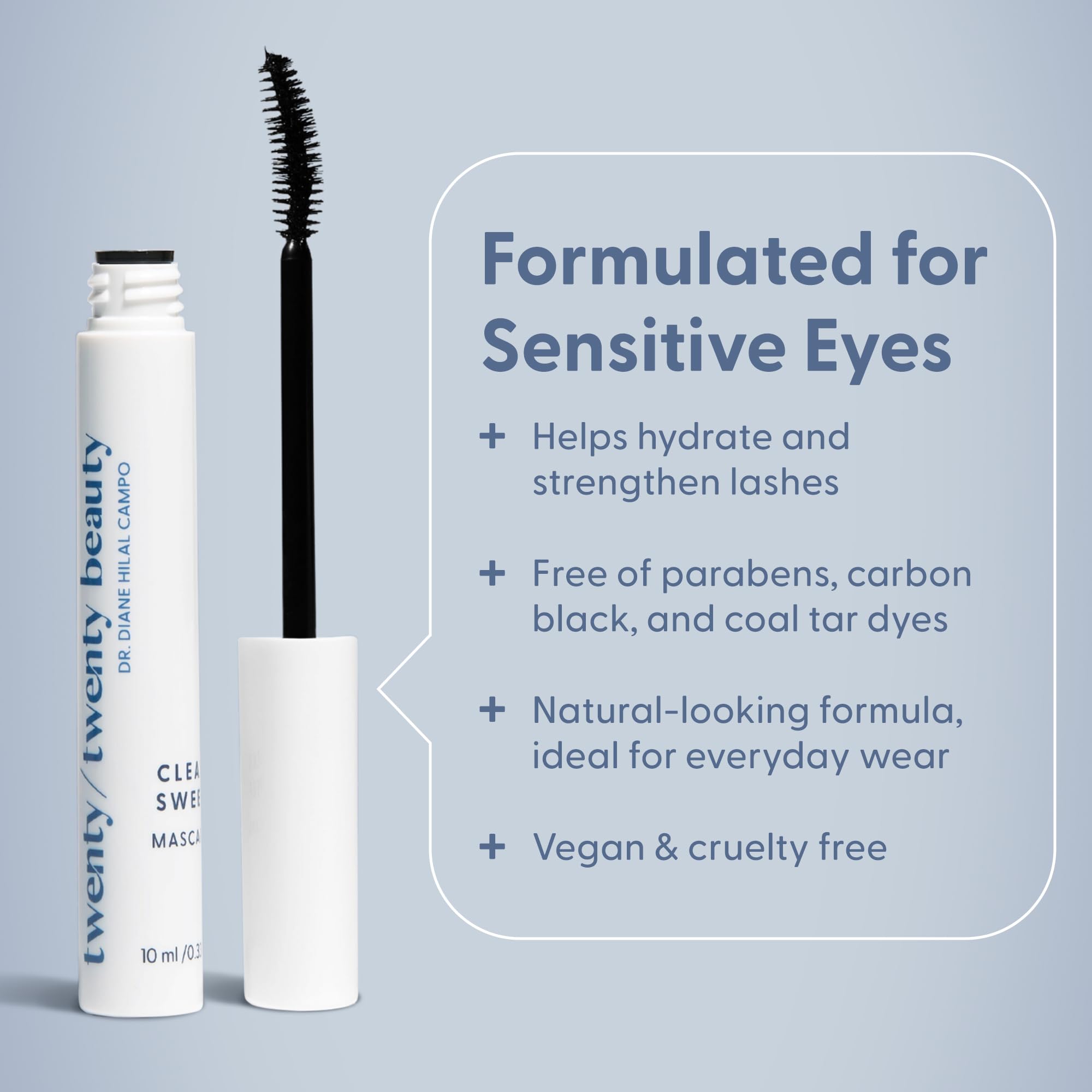 Twenty/Twenty Clean Sweep Mascara tube showcasing clean formula safe for sensitive eyes.