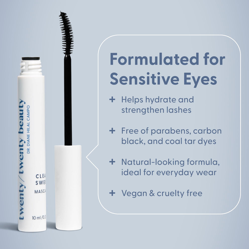 Twenty/Twenty Clean Sweep Mascara tube showcasing clean formula safe for sensitive eyes.