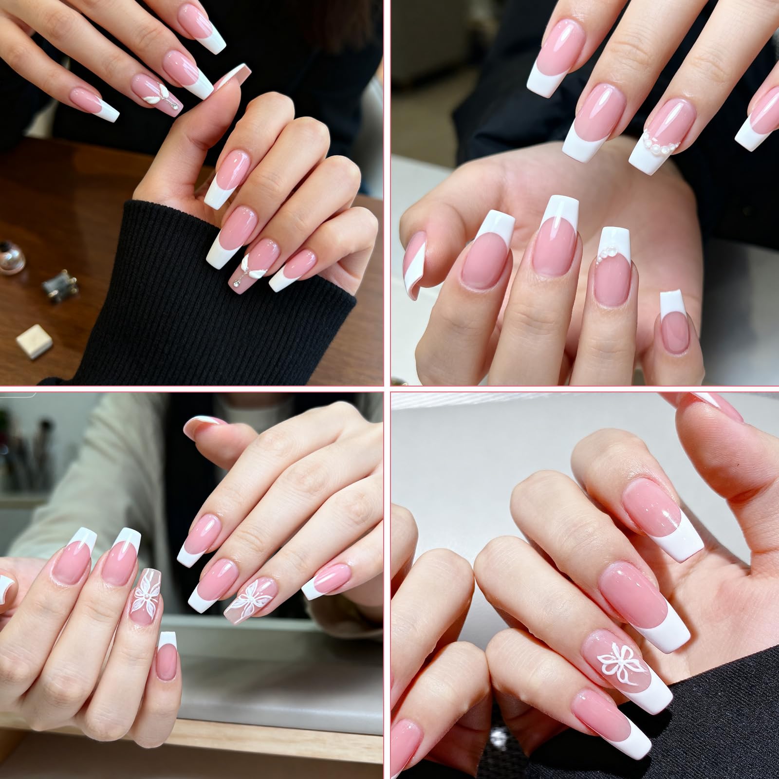 Tweruna white French tip nails with medium square shape for an elegant look.