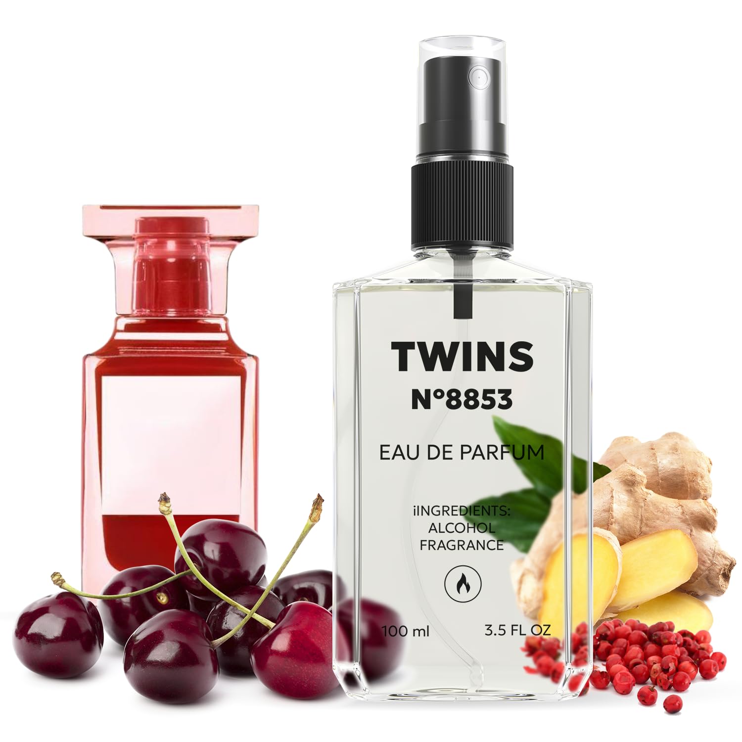 TWINS Impression Electric Cherry bottle shows a unisex floral-fruity fragrance.