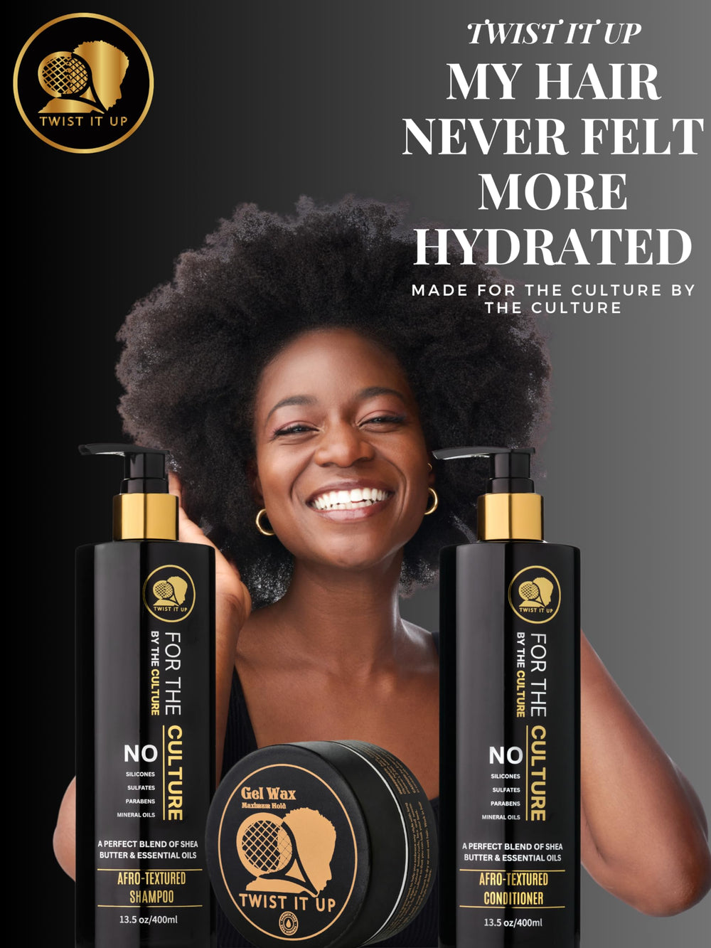 Twist It Up frizz-control portrait of shiny, calm Afro-textured hair