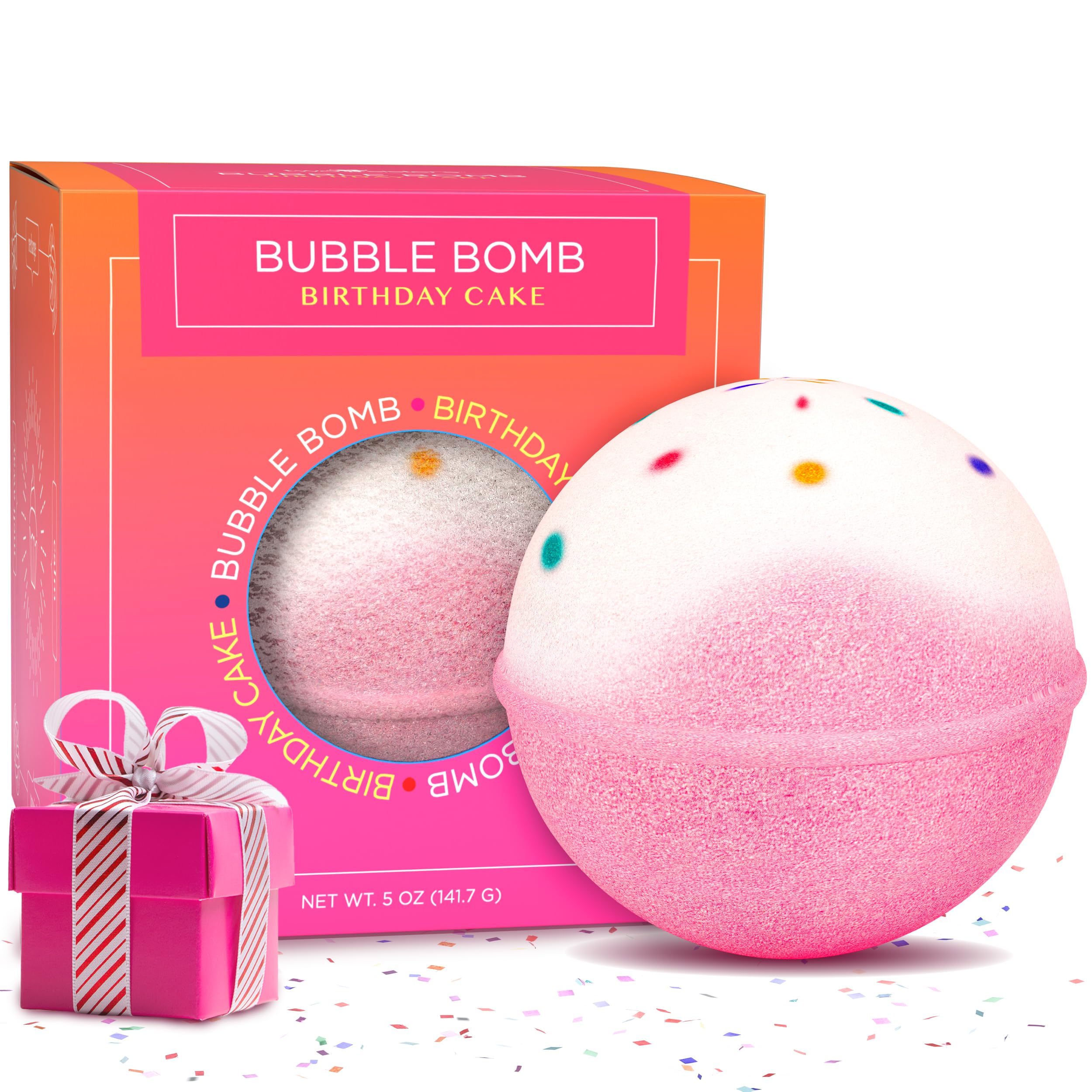 Two Sisters Birthday Cake Bath Bomb Box displays bright pink fizz for a luxurious soak.