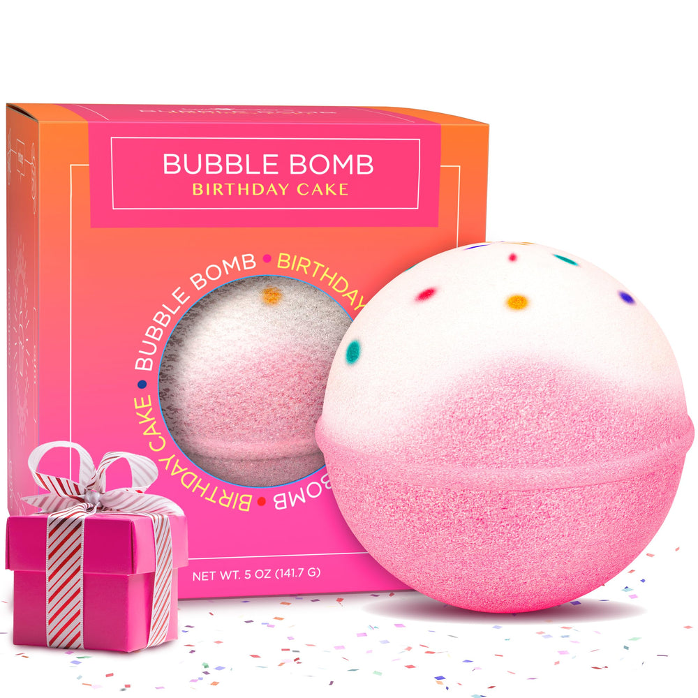 Two Sisters Birthday Cake Bath Bomb Box displays bright pink fizz for a luxurious soak.