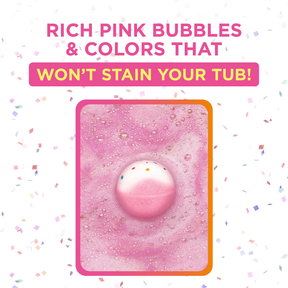 Two Sisters Birthday Cake Bath Bomb Dispersion captures even fizz releasing color.