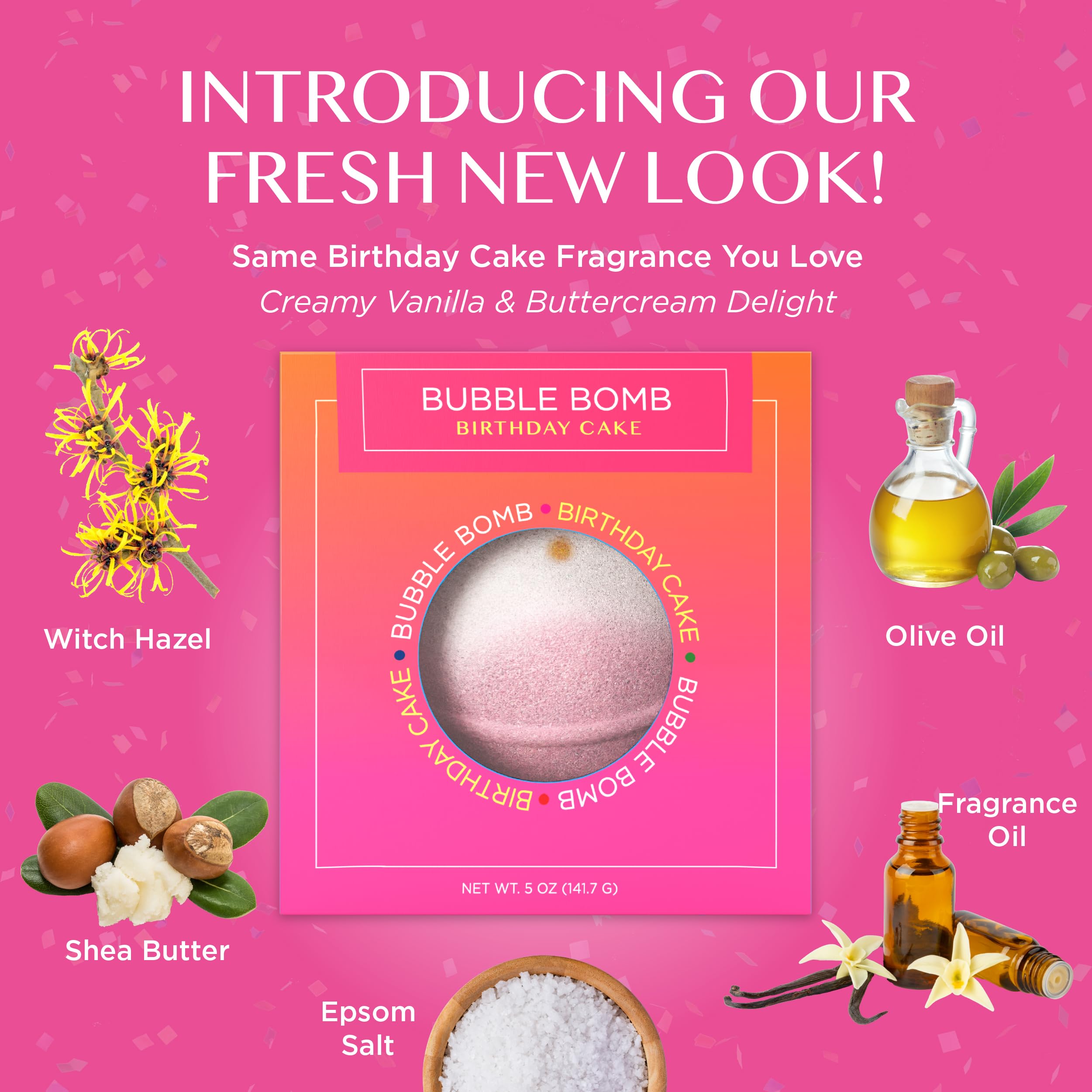 Two Sisters Birthday Cake Bath Bomb Pink Scent highlights sweet cake aroma for relaxation.
