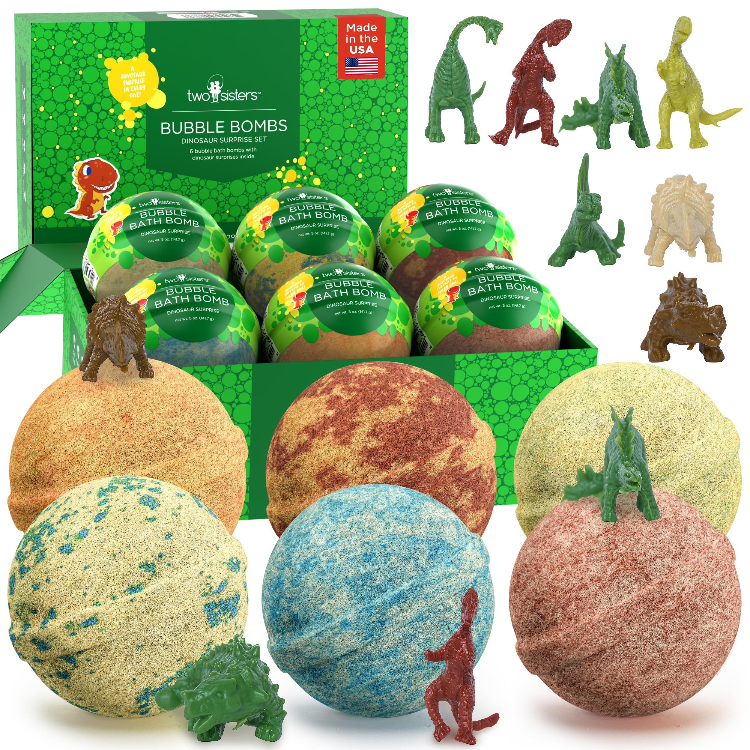 Two Sisters Dinosaur Bath Bombs packaging showing gift-ready presentation for kids
