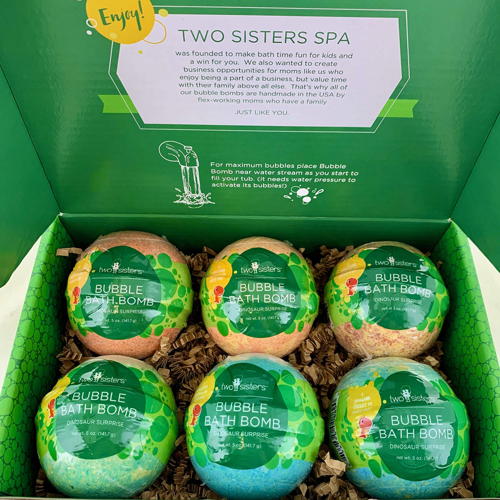 Two Sisters dinosaur bath bombs in a collection for kids' baths