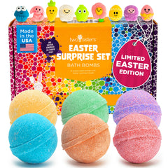 Two Sisters Easter bath bombs with inside toy in a 6-pack, ideal Easter gifting.