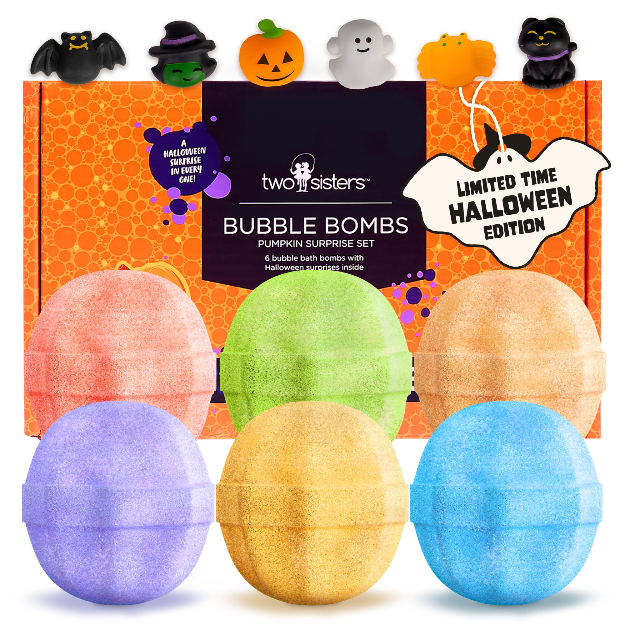 Two Sisters pumpkin bath bomb with a surprise toy revealed during bath time.