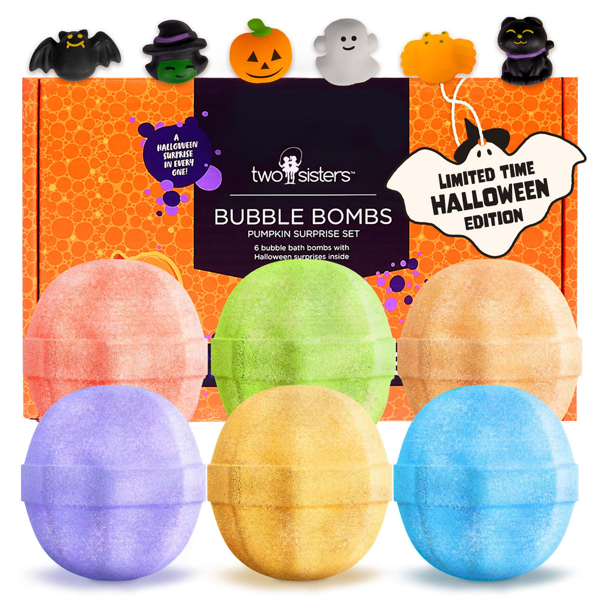 Two Sisters pumpkin bath bomb with a surprise toy revealed during bath time.