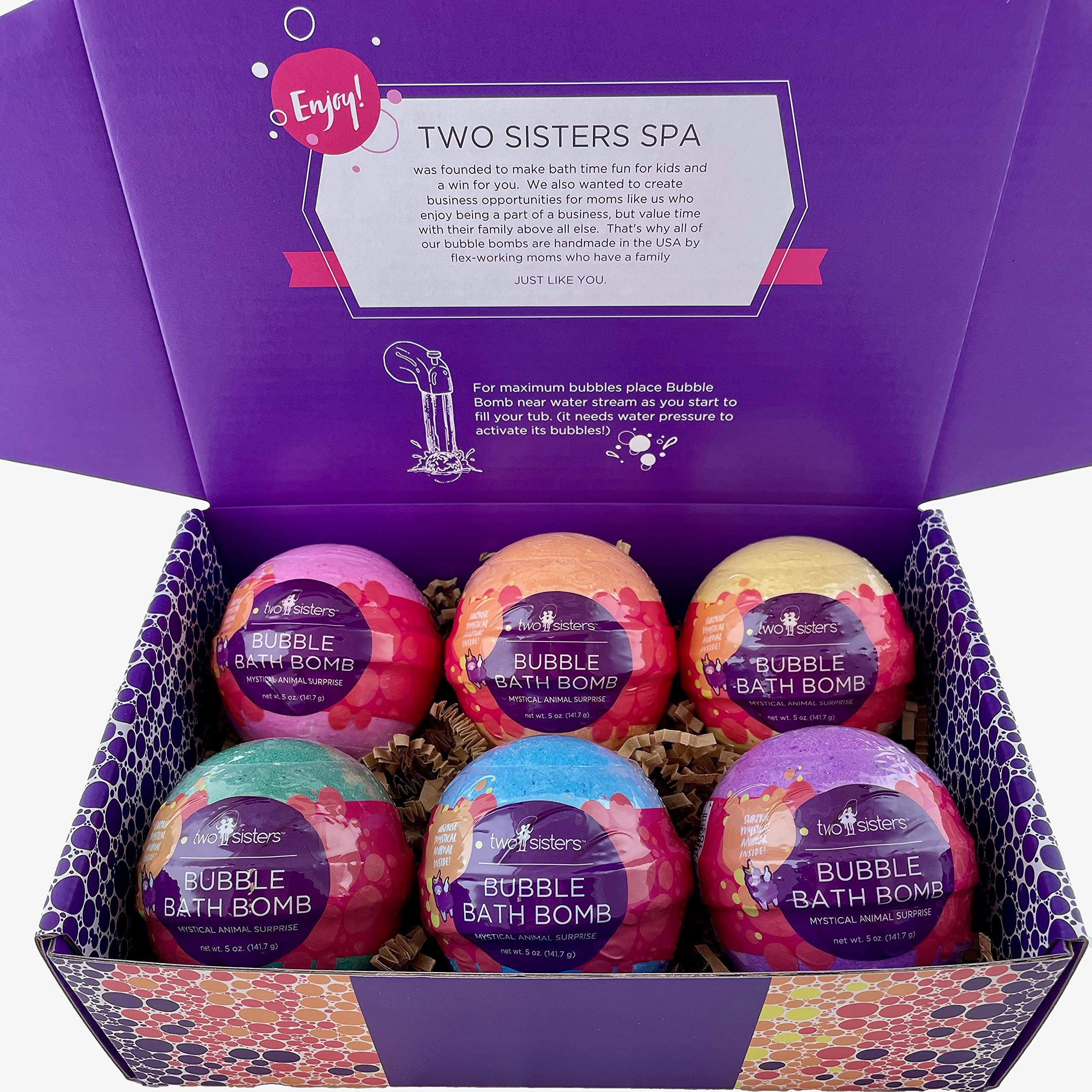 Two Sisters Mystical bath bomb made in USA for safe and fun bath experiences.