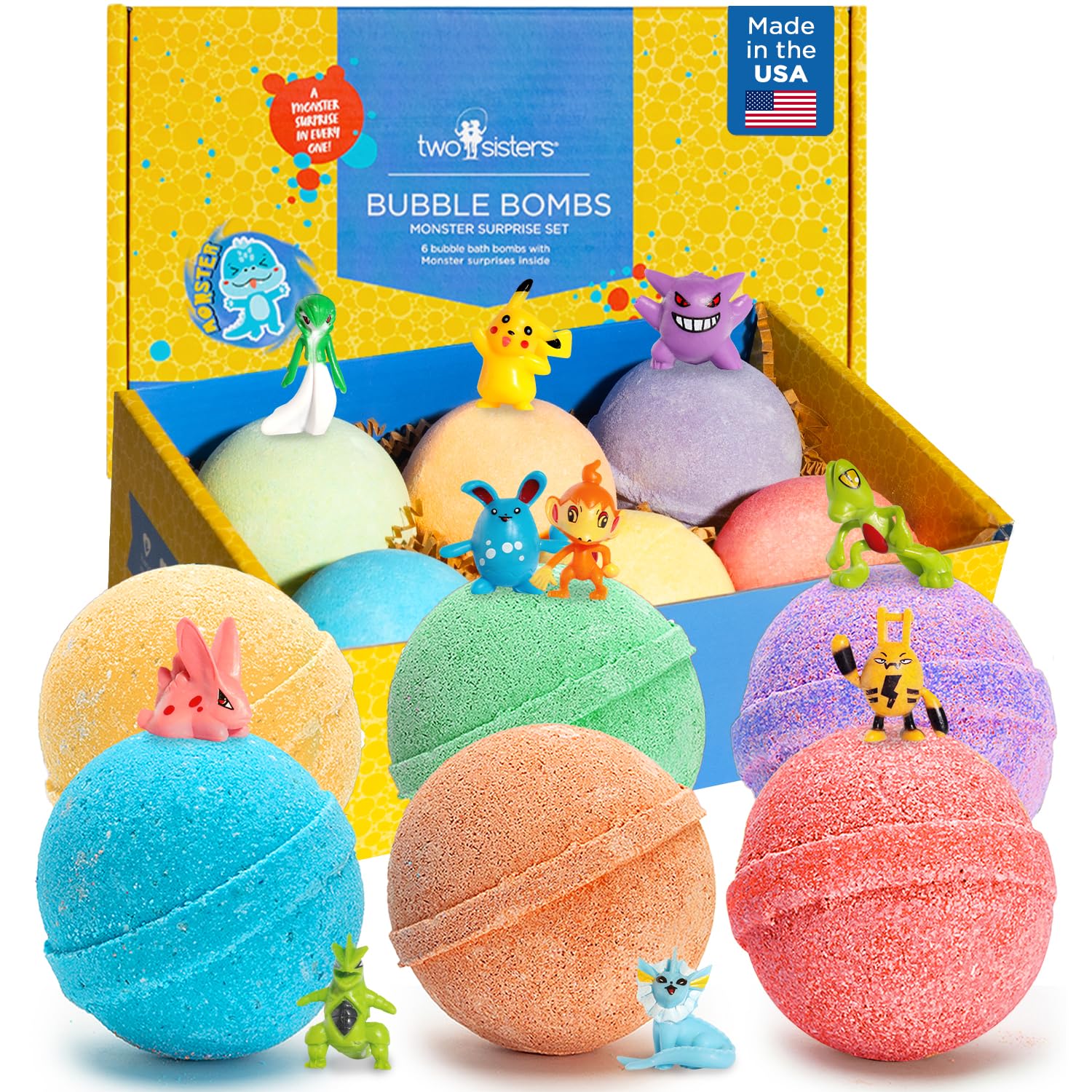 Two Sisters Poke Monster bath bombs six-pack on display for kids' bath