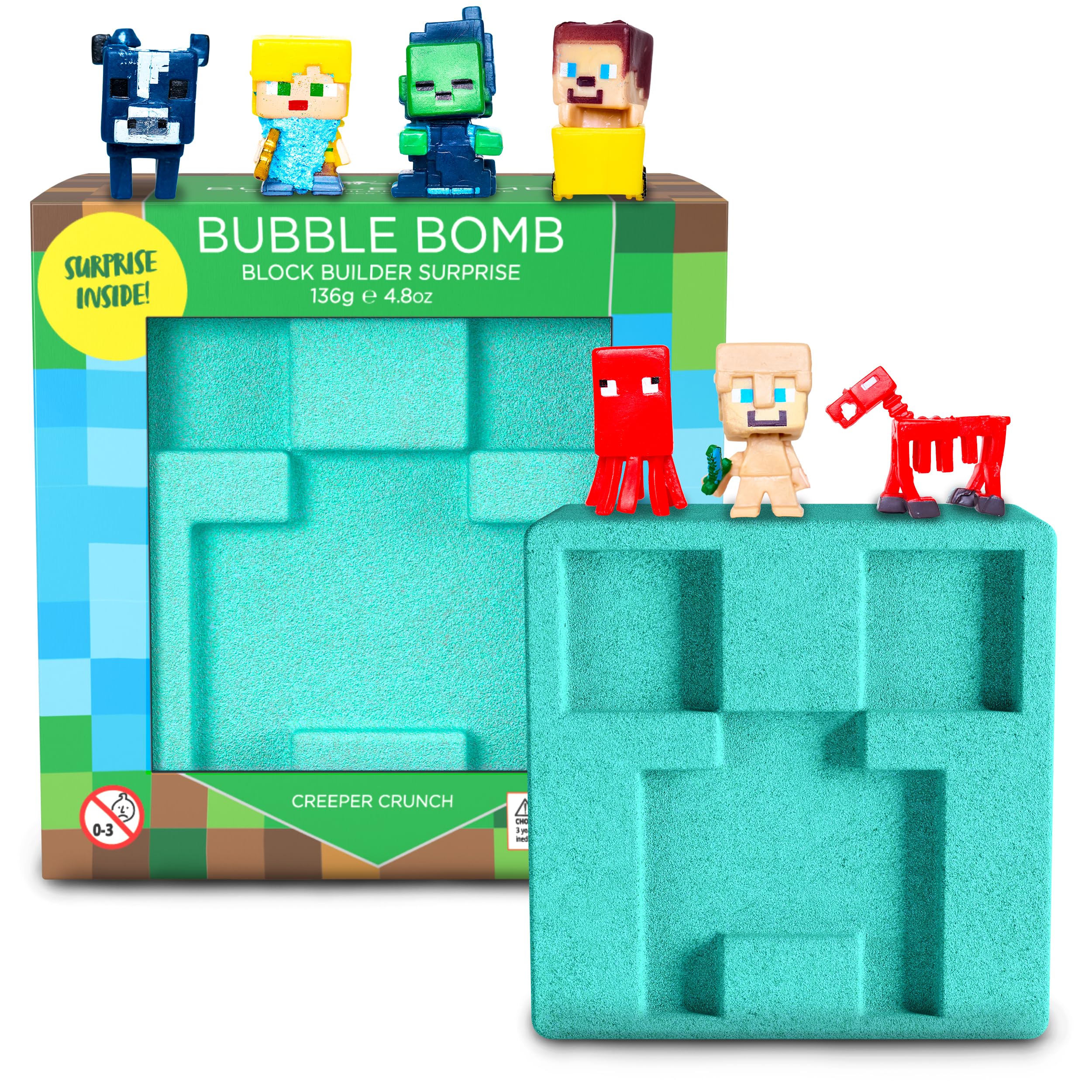 Two Sisters TNT Creeper Bath Bomb reveals a block surprise figure during bath time for imaginative play