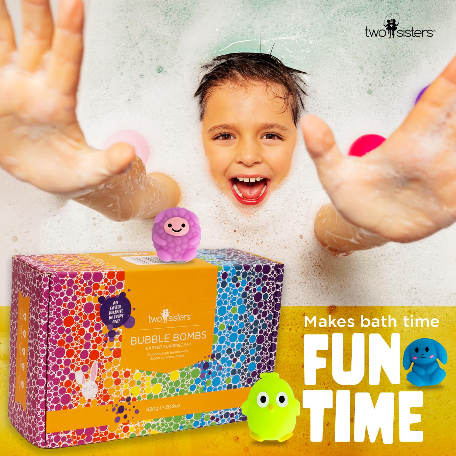 Two Sisters USA-made bath bombs crafted with safe ingredients for kids.