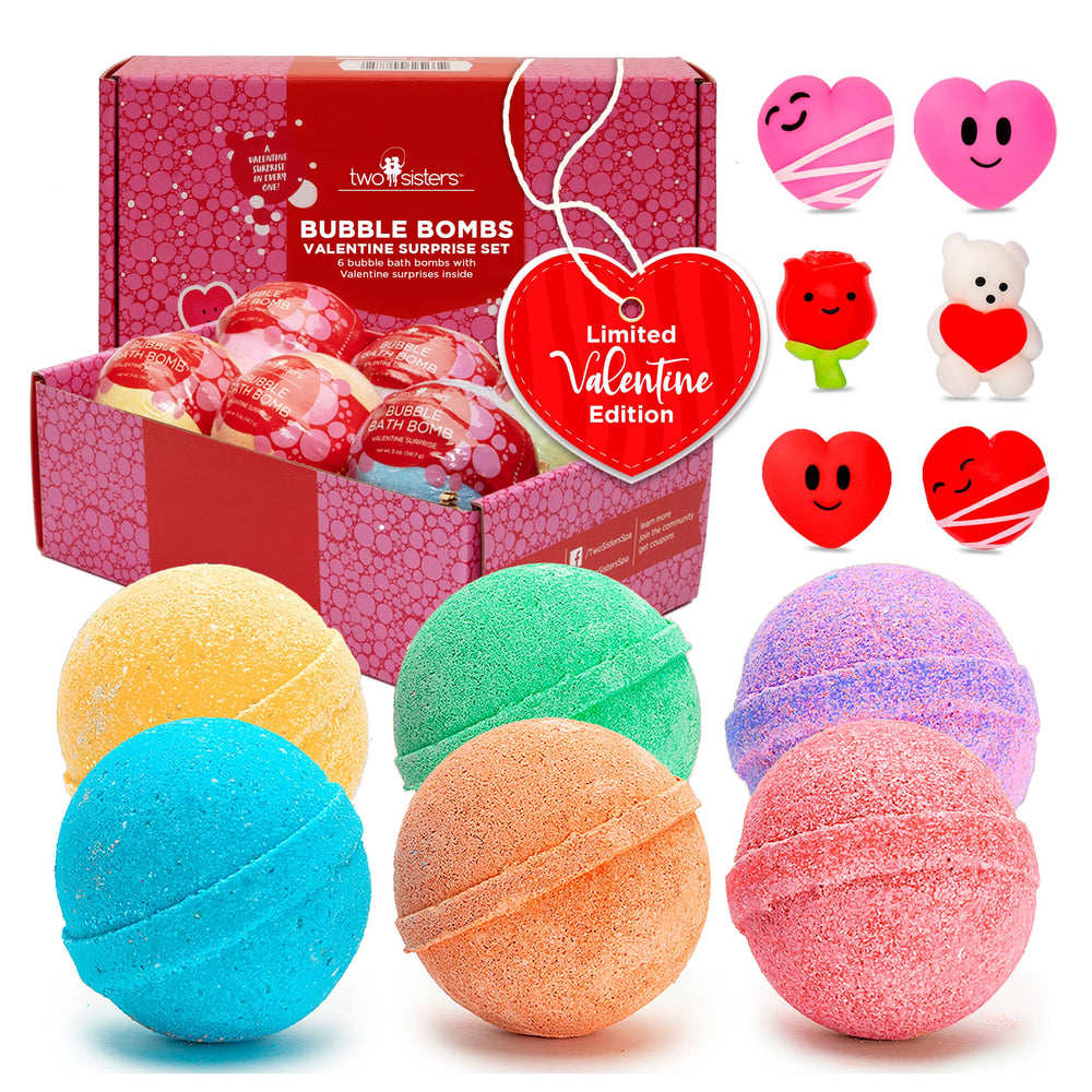 Two Sisters Valentines bath bomb creates colorful bubbles for kids.