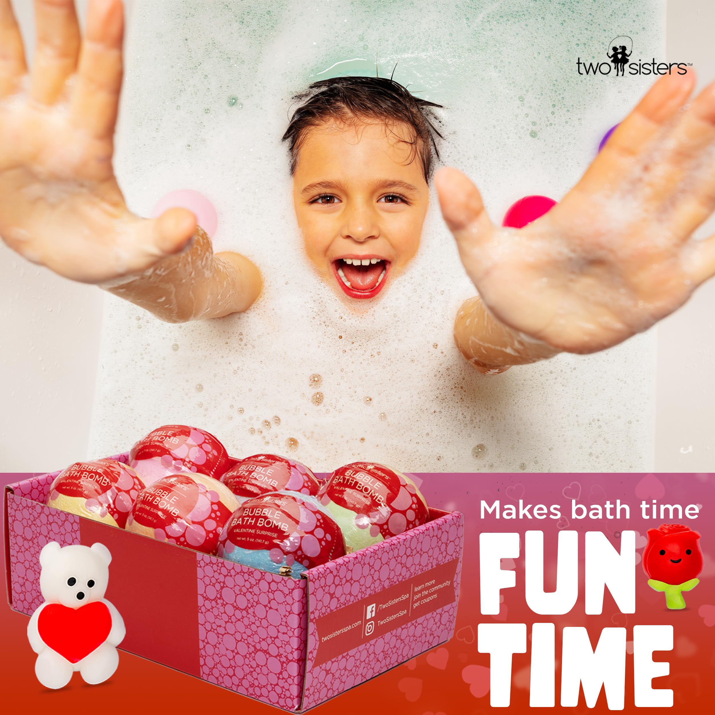 Two Sisters Valentines bath bombs USA made with kid-safe ingredients.