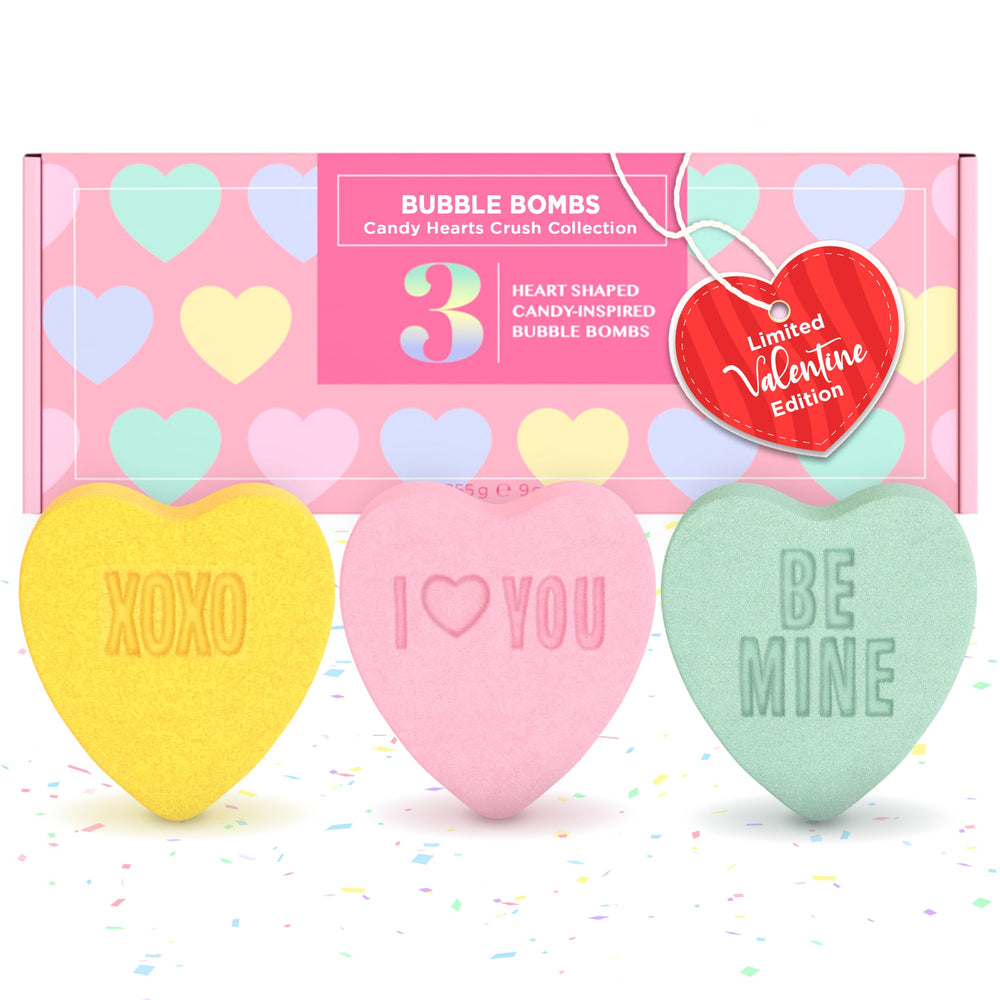 Two Sisters Valentines heart bath bombs pack front with vibrant colors for a soothing soak.