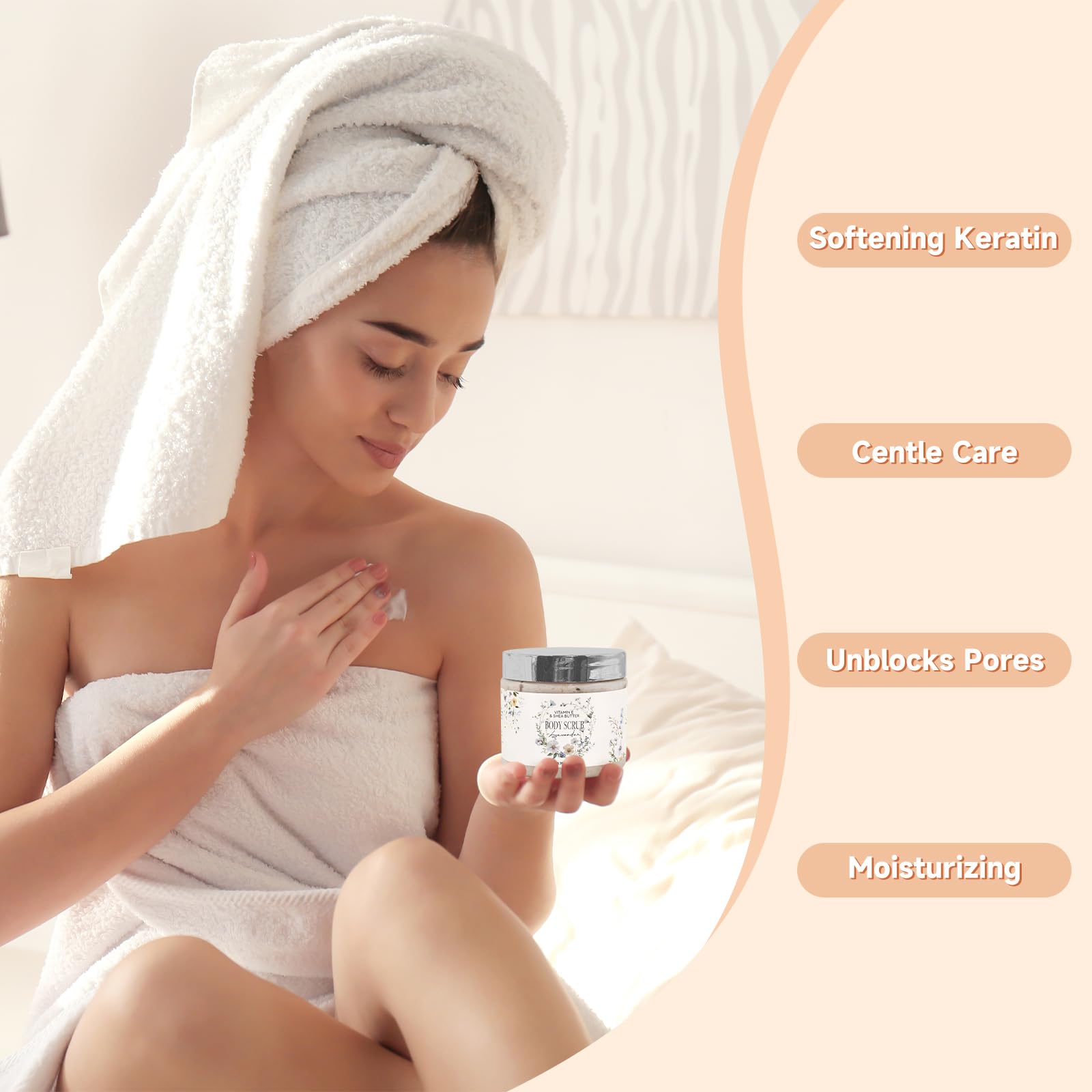 TXBOSWF body scrub for smoother skin during a spa moment.