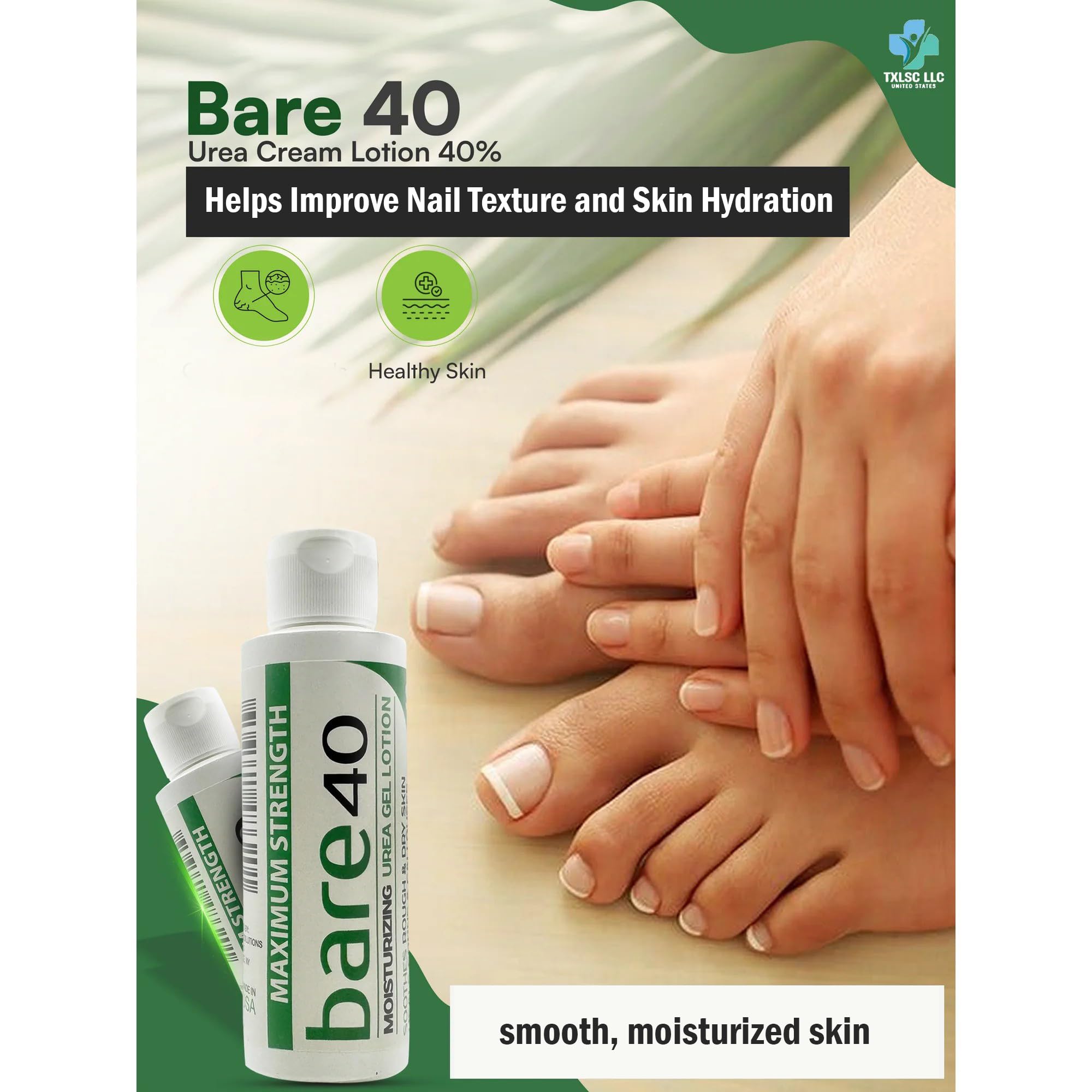 Hands applying TXLSC Bare40 Pro to dry skin for care.