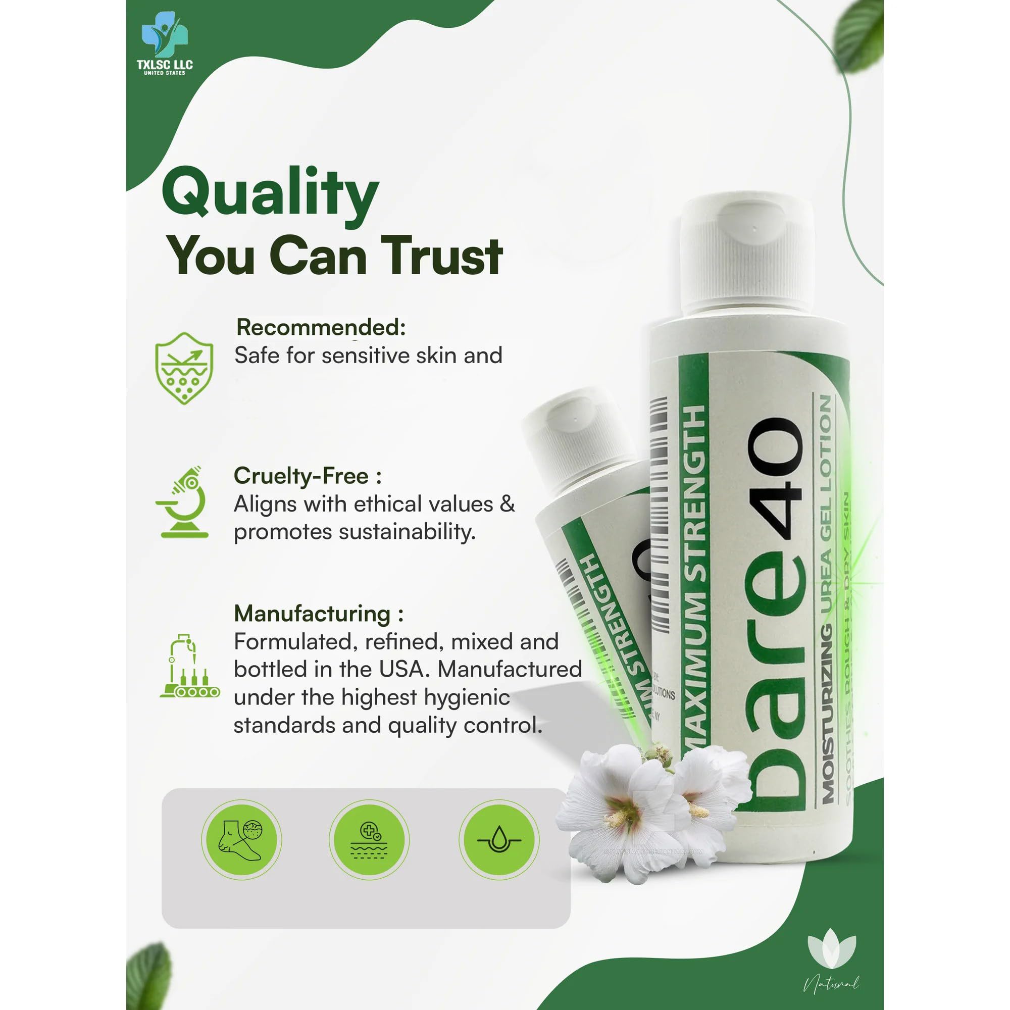 TXLSC Bare40 Pro features tea tree oil and aloe vera for nourishing skin.