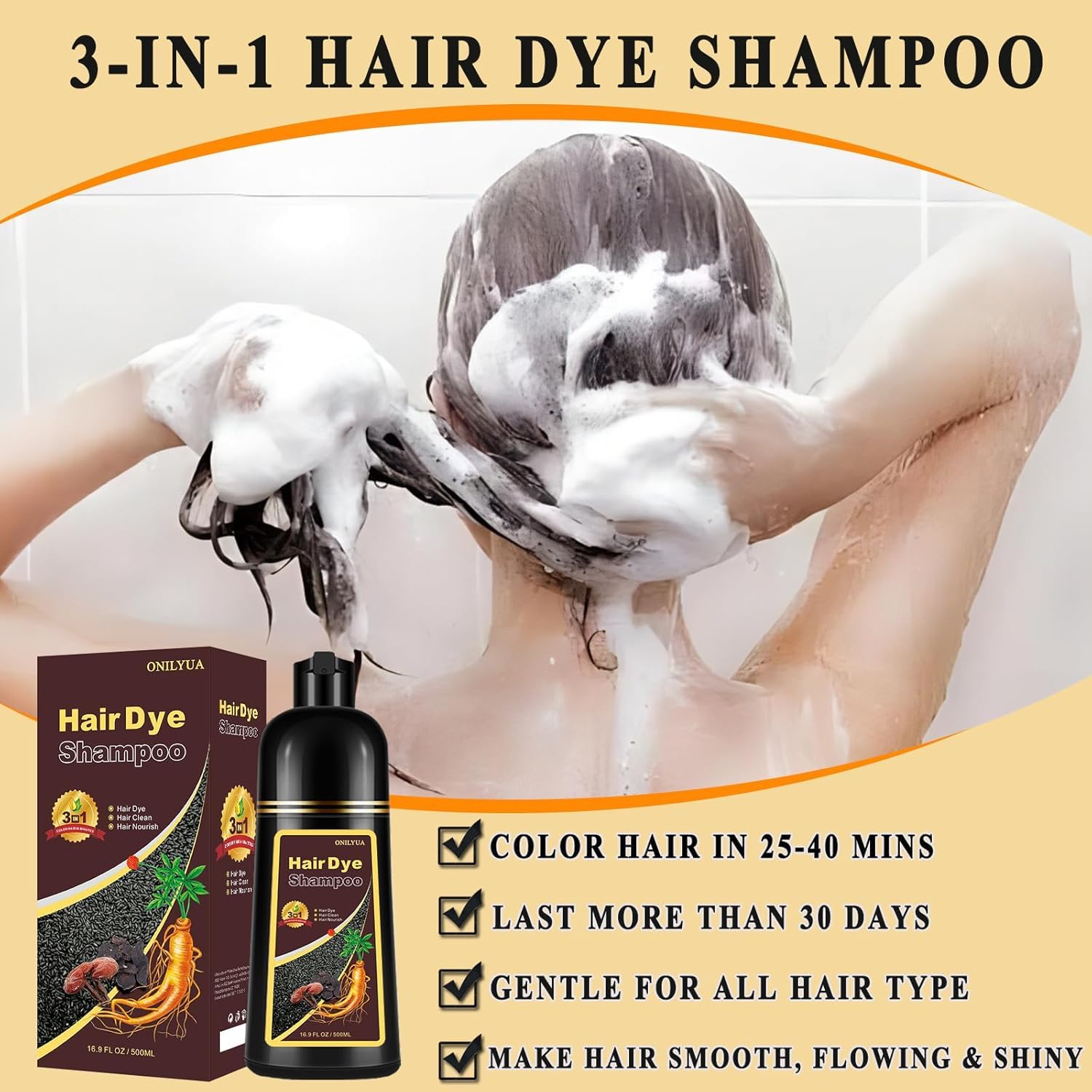TYAYW Blonde Brown Hair Dye Shampoo bottle close-up demonstrates quick 25-40 minute timing.
