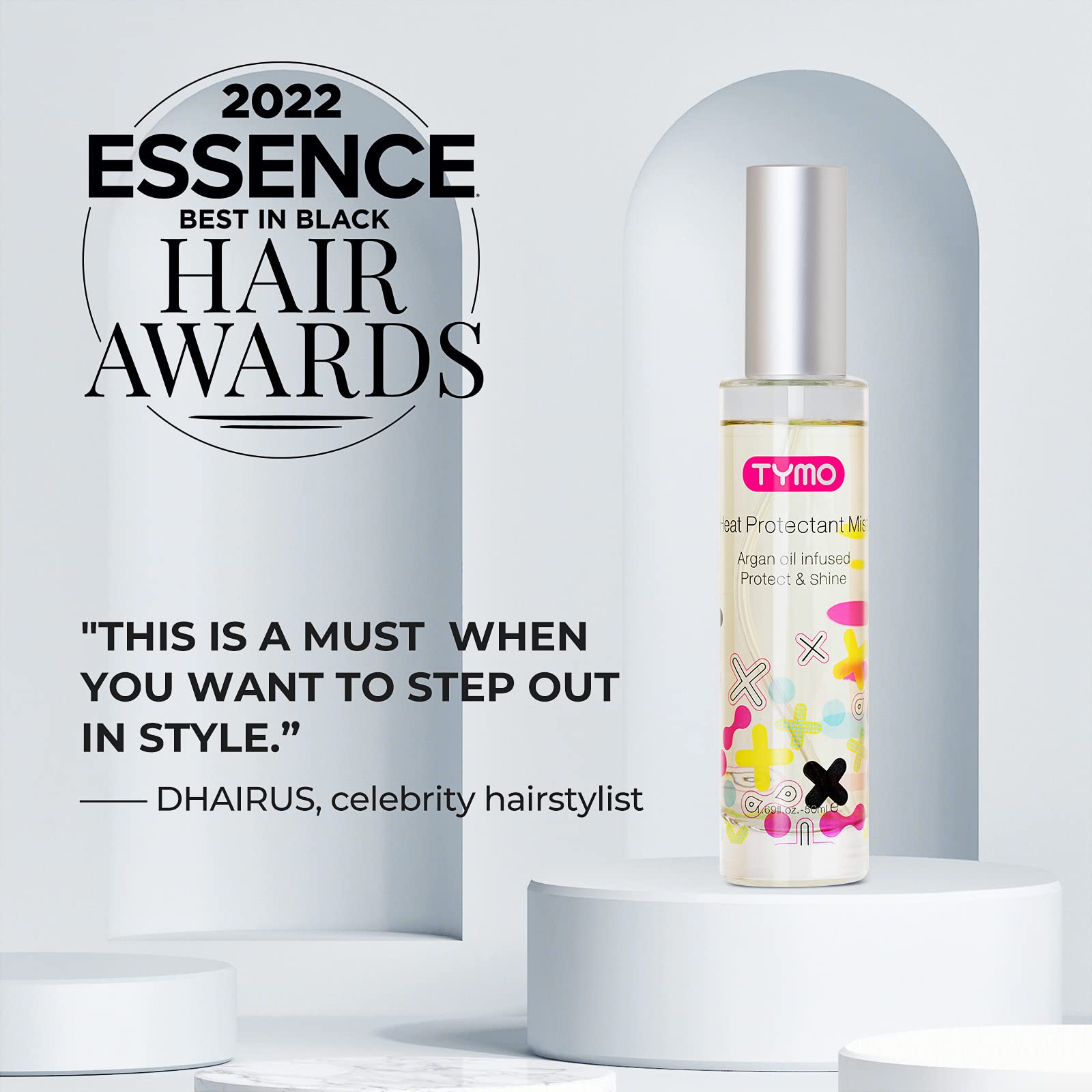 TYMO frizz-control and shine mist – adds shine without heaviness.