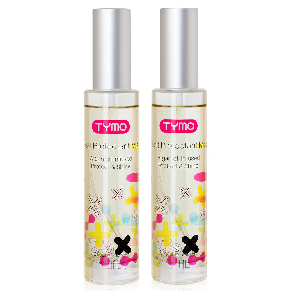 TYMO heat protectant argan oil bottle shields hair before heat styling.