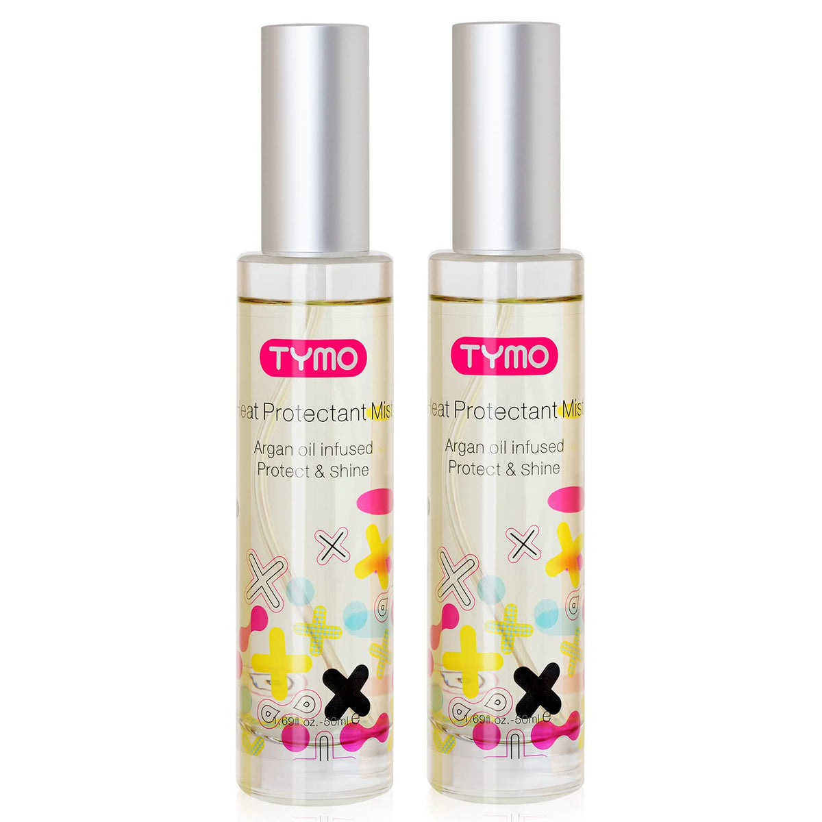 TYMO heat protectant argan oil bottle shields hair before heat styling.