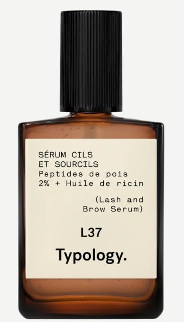 Typology Eyebrow Eyelash Serum bottle close-up highlighting pea peptides for lash nourishment.