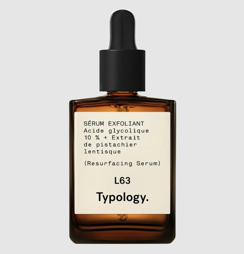 Typology L63 Exfoliating Serum bottle close-up showcasing 10% glycolic acid exfoliation.