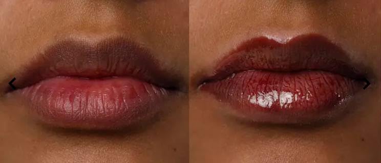 Typology lip oil close-up shows subtle tint and nourishing feel.
