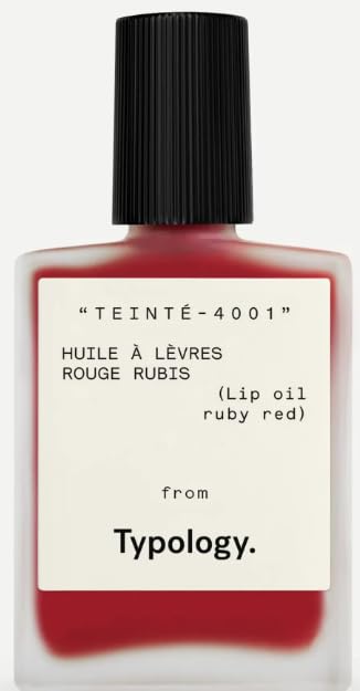 Typology Tinted Lip Oil Ruby Red bottle swirls color for glossy nourishment.