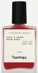 Typology Tinted Lip Oil Ruby Red bottle swirls color for glossy nourishment.