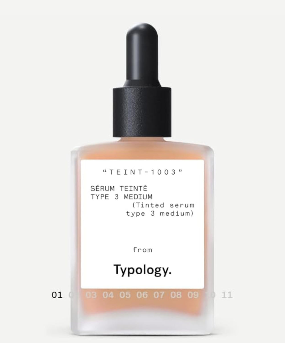 Typology tinted serum bottle with dropper for lightweight, natural coverage.