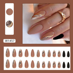 Tyuimhx brown marble gold-line nails on almond shape provide versatile, polished daily wear.