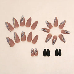 Tyuimhx almond nails feature full-cover design with glossy brown marble and gold line texture.
