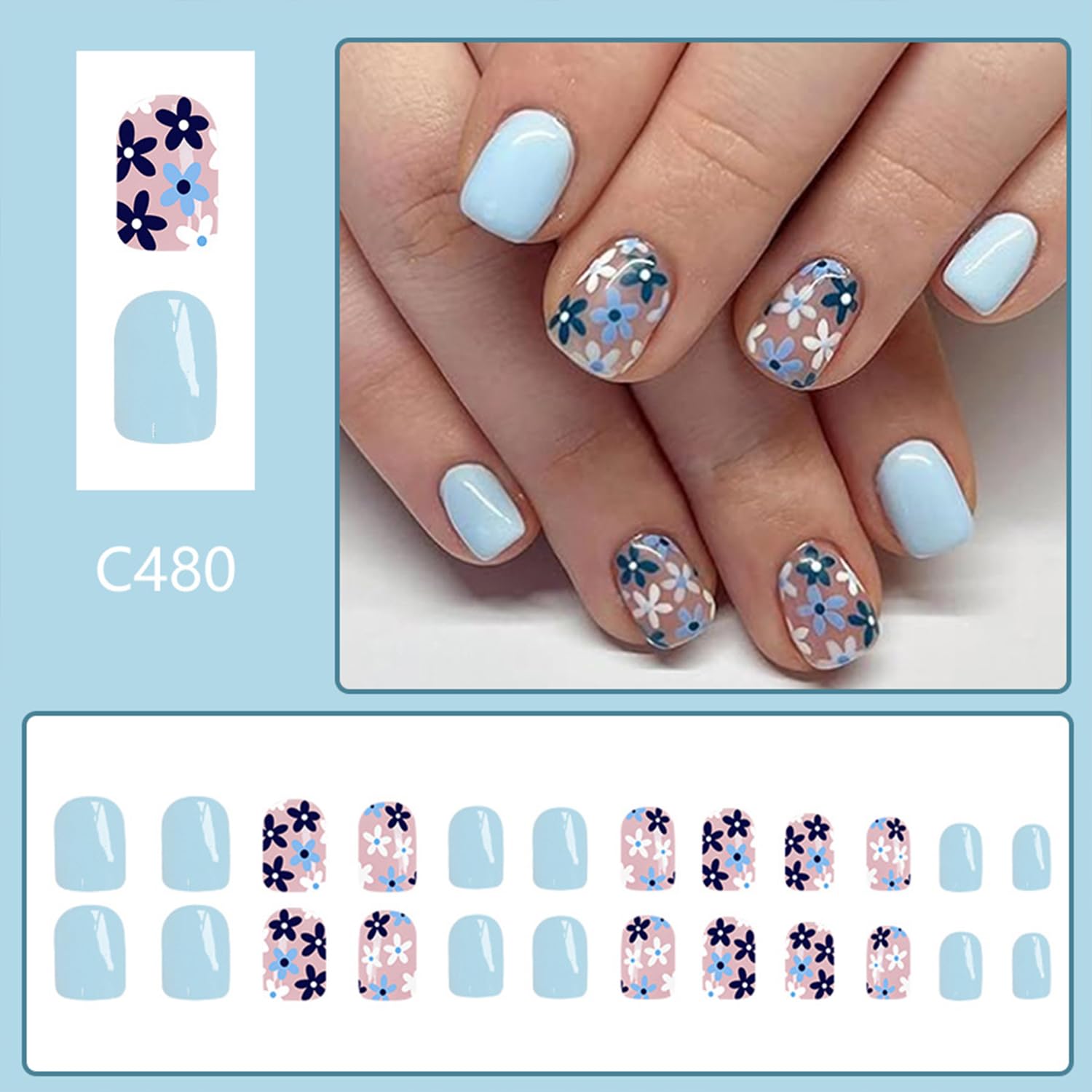 Tyuimhx glossy blue floral press-on nails demonstrating a polished, salon-like finish.