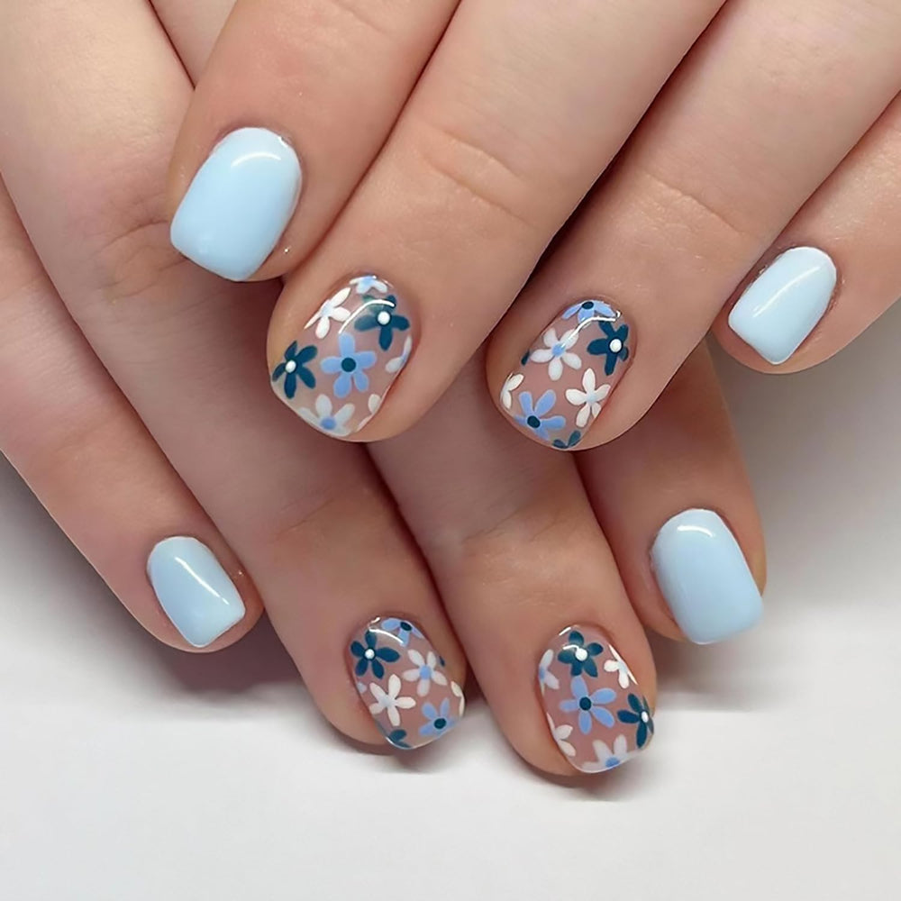 Tyuimhx blue flowers press-on nails in square short shape for quick, stylish manicures.