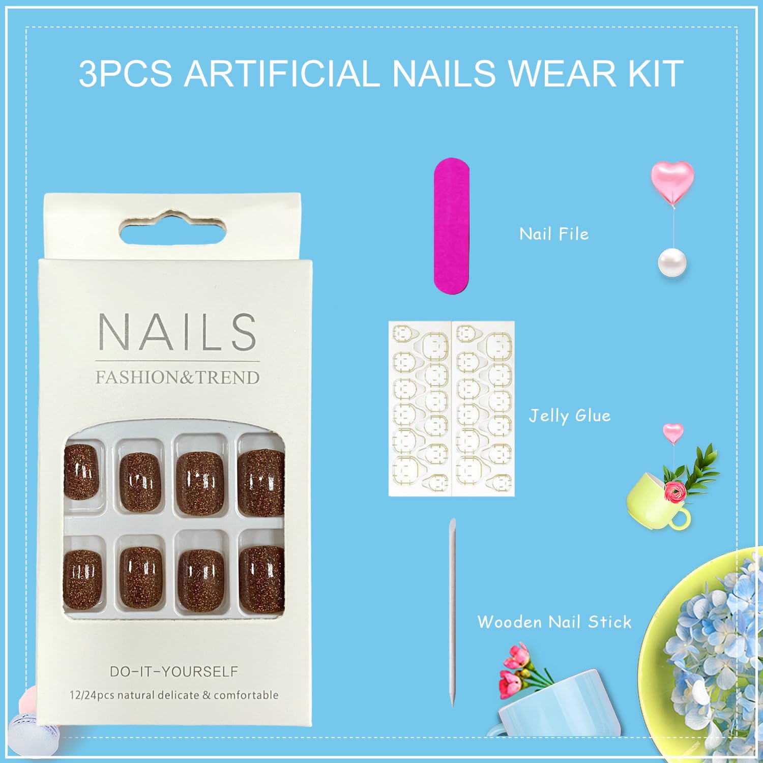 Tyuimhx brown glitter square nails kit tools included for easy DIY.